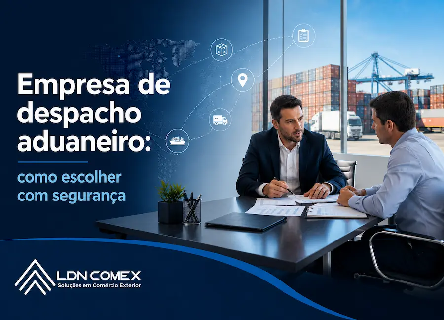 Capa do artigo sobre empresa de despacho aduaneiro, com consultores em reunião, porto ao fundo e elementos visuais de logística internacional.