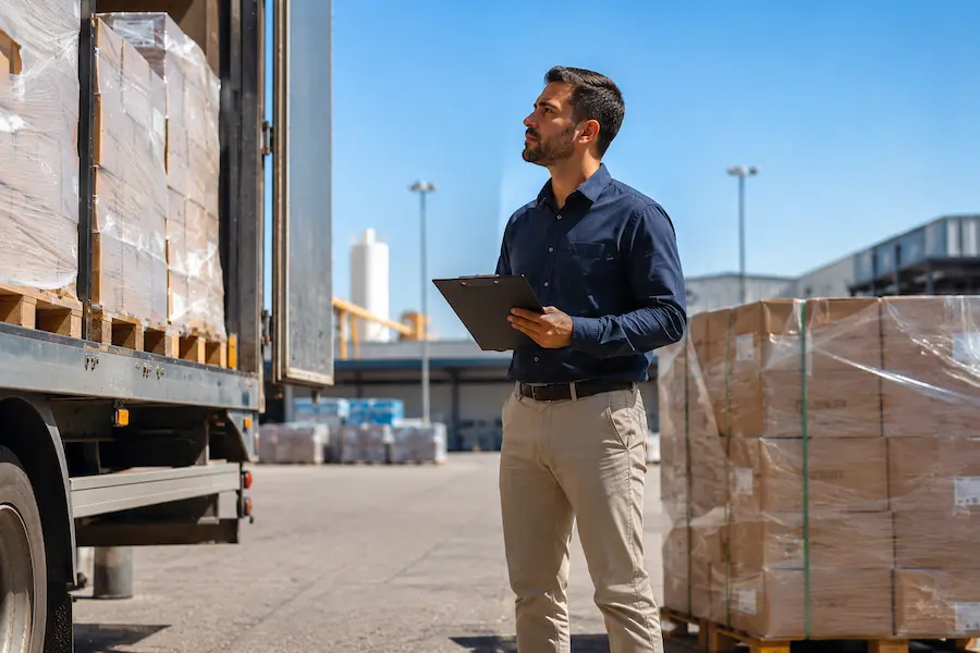 Especialista analisando mercadorias e documentos em área logística para acompanhamento de operação de importação.